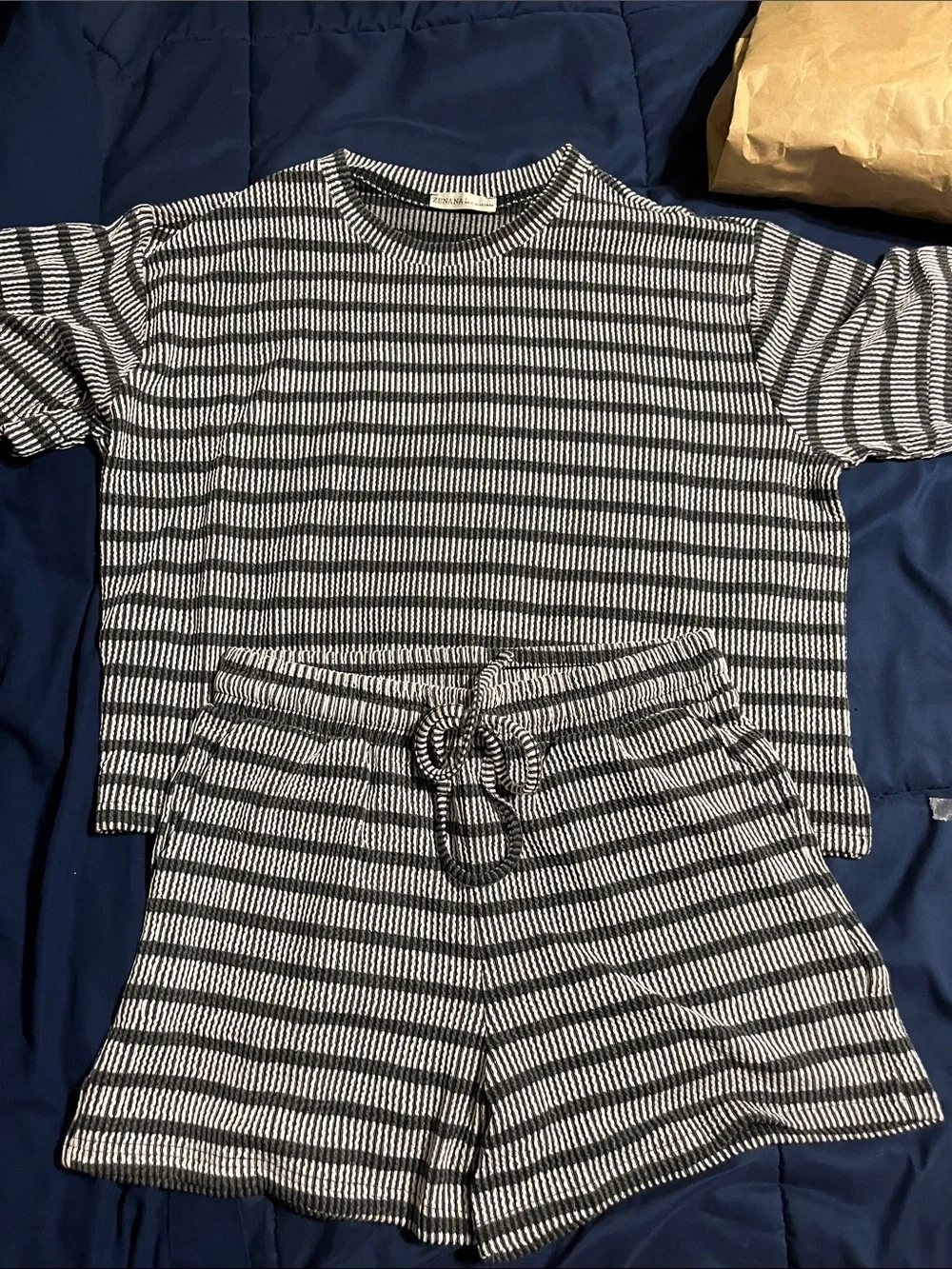 Zenana Outfitters Black and White Striped Two-Piece Lounge Set - Picture 1 of 5